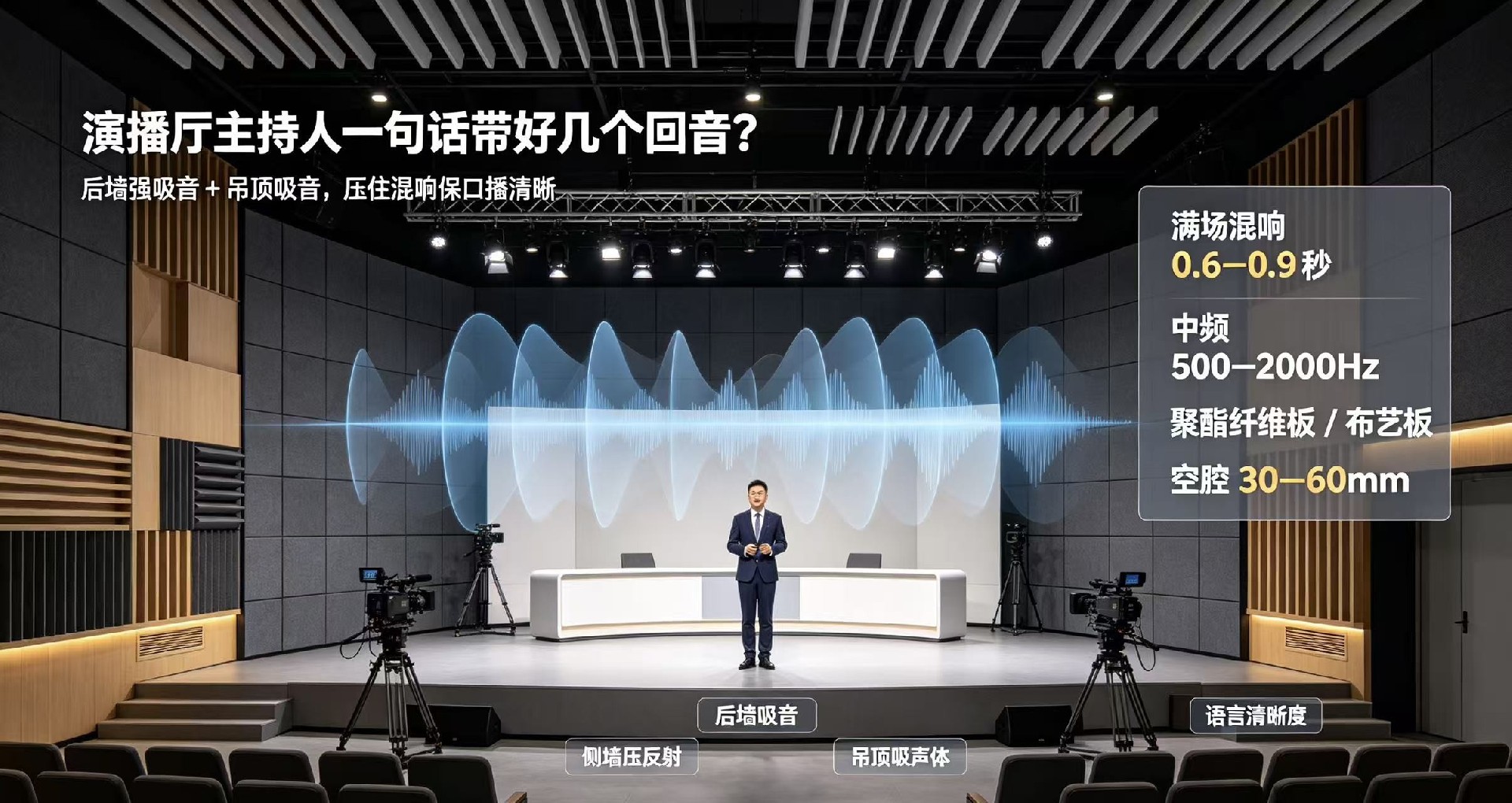 演播厅里主持人一句话带好几个回音，是装修太硬还是吸音没做？
