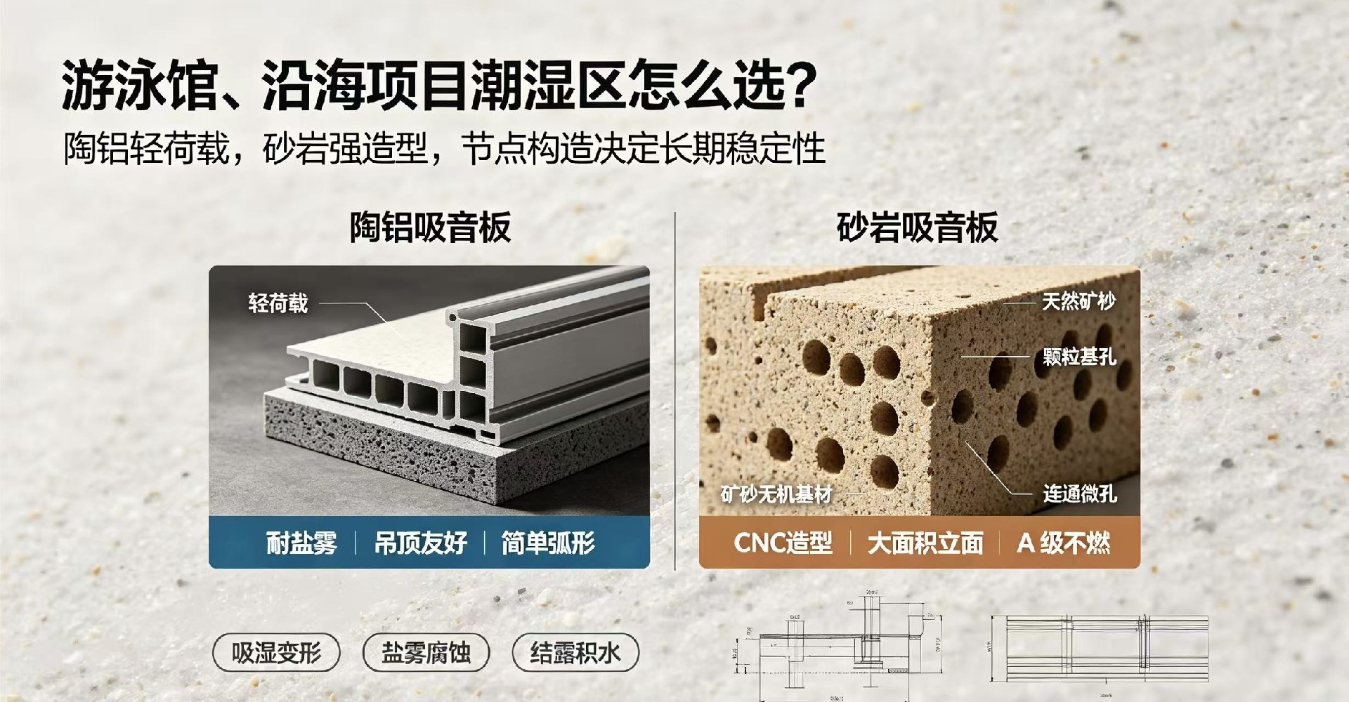 游泳馆、沿海项目潮湿区,陶铝与砂岩吸音板该怎么选?